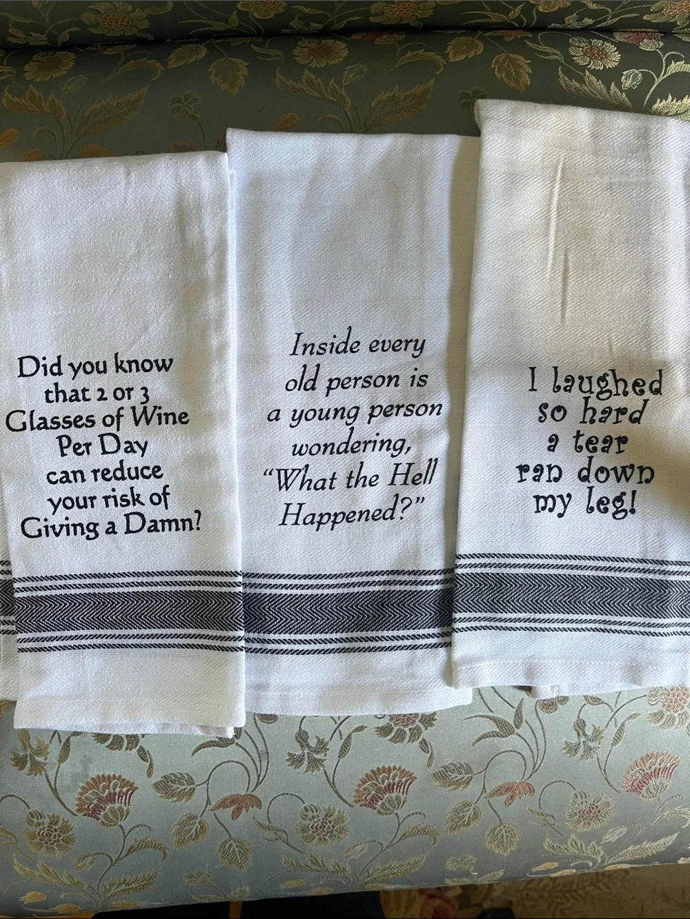 Set of 3 White Cotton Tea Towels with Black Script Sayings